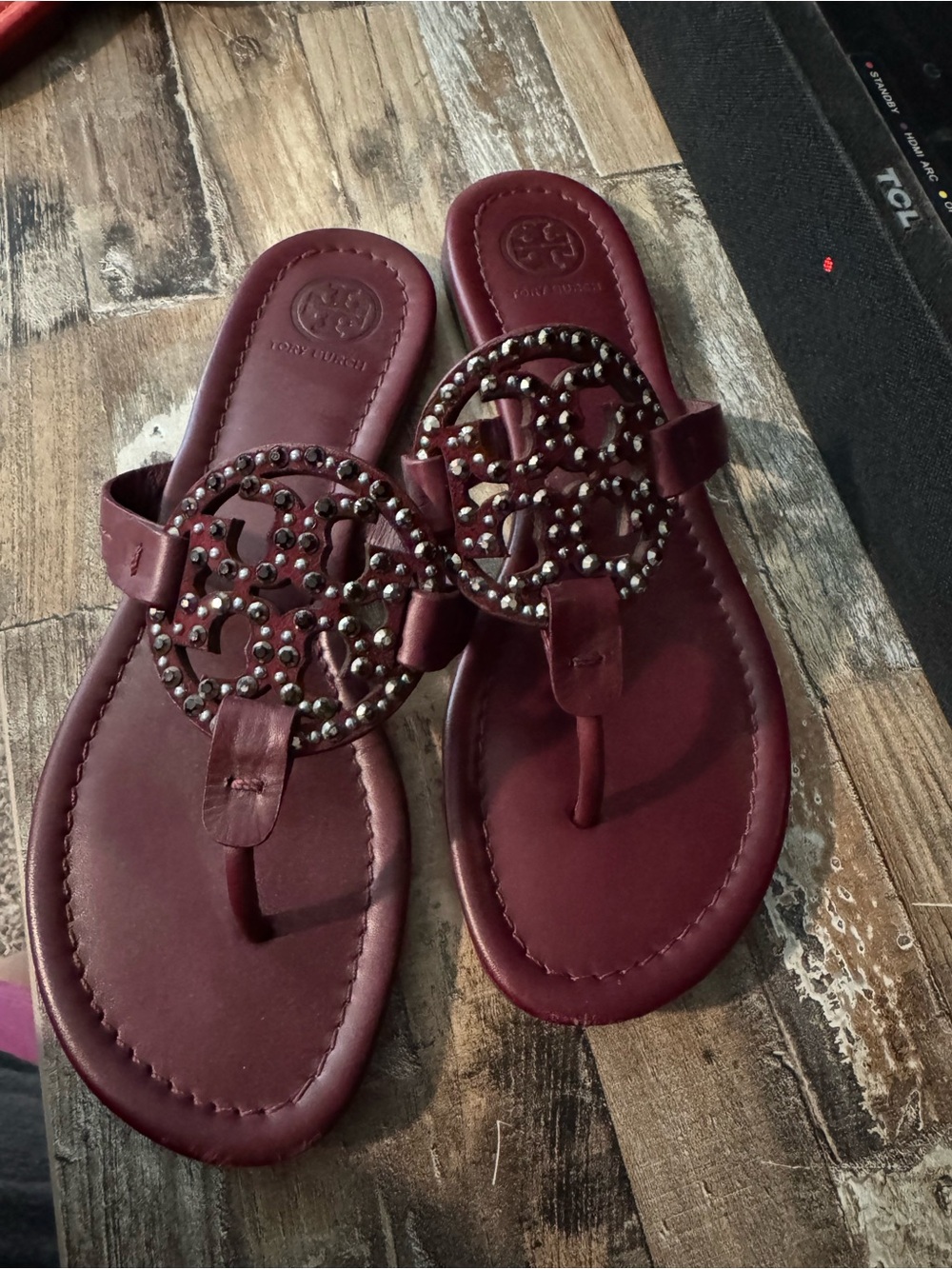 Tory Burch Wine Red Miller Logo Thong Sandals